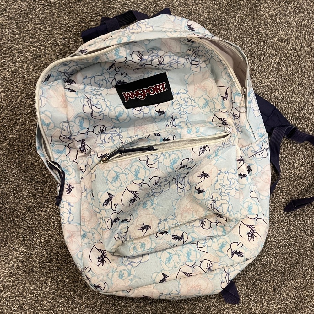 jansport backpack, blue, white